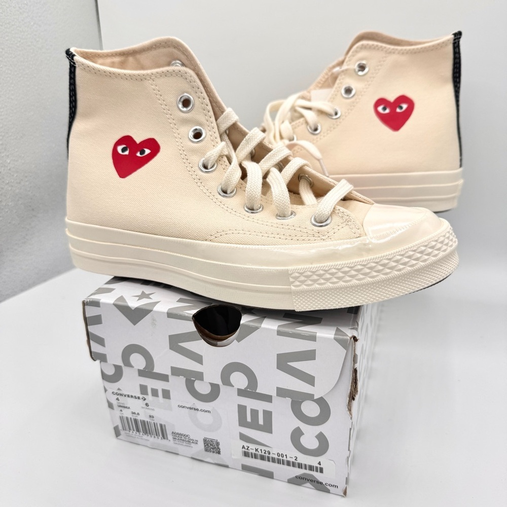 NWT Commes Des Garçons CDG Play Converse High Top Chuck 70 Heart Sneakers Cream - Picture 4 of 16